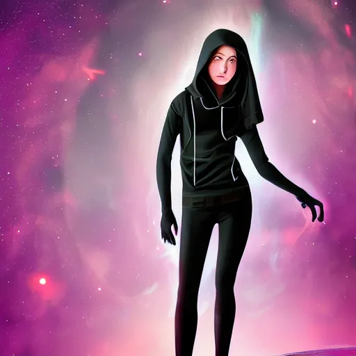 Image similar to poster artwork, sci fi, a female, full body, black hoodie techie, black hair with purple streaks, 8 k