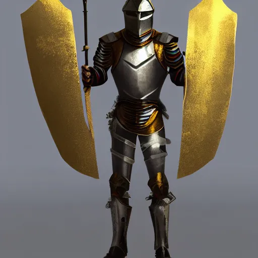 Image similar to knight in shiny gold armor holding diamond sword standing on a rock 8k,detailed, cinematic, concept art, arstation