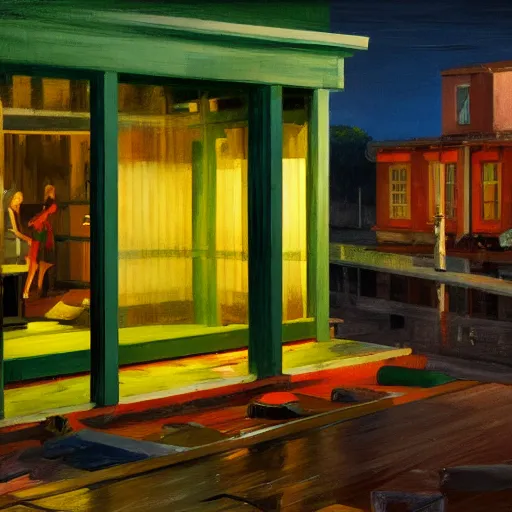 Image similar to a photorealistic digital rendering of a rain soaked shanty town at night by Edward Hopper and James Gilleard, oil painting