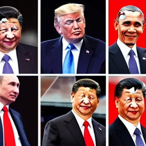 Prompt: vladimir putin, obama, trump and xi jinping at a strip club, hyperrealistic face