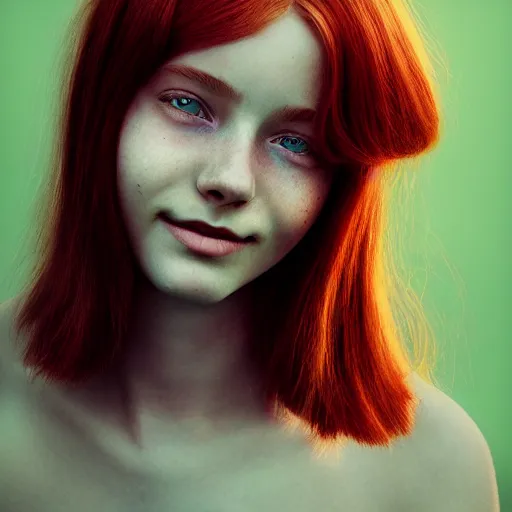 Image similar to a fantastic portrait photograph of a smiling girl with red hair and green eyes by Alessio Albi, symmetrical face, artstation, deviantart, hyperrealism