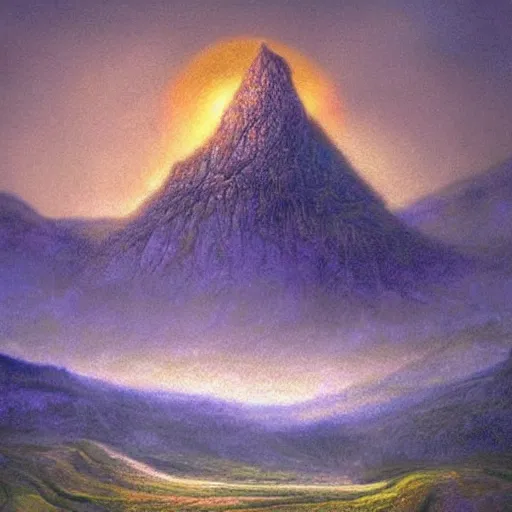 Image similar to beautiful scene from a dream. mountains. digital artwork by vincent bons, michael whelan, remedios varo and gerardo dottori. grainy and rough. interesting pastel colour palette. beautiful light. oil and water colour based on high quality render.