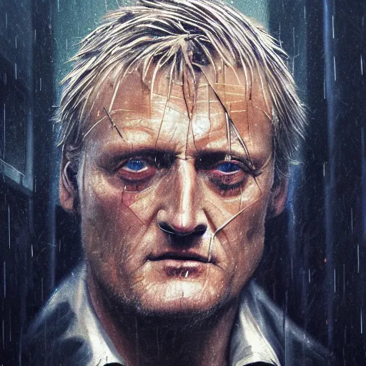 Image similar to cinematic portrait of rutger hauer in blade runner, neon rain, moody, elegant, by alyssa monks, highly detailed, symmetrical face, fine details, masterpiece, trending on artstation