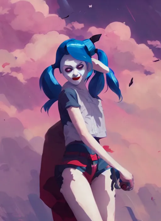 Image similar to portrait of harley quinn, cloudy sky background lush landscape illustration concept art anime key visual trending pixiv fanbox by wlop and greg rutkowski and makoto shinkai and studio ghibli