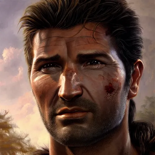 Prompt: ultra realistic portrait painting of nathan drake, art by frank frazetta, 4 k, ultra realistic, highly detailed, epic lighting