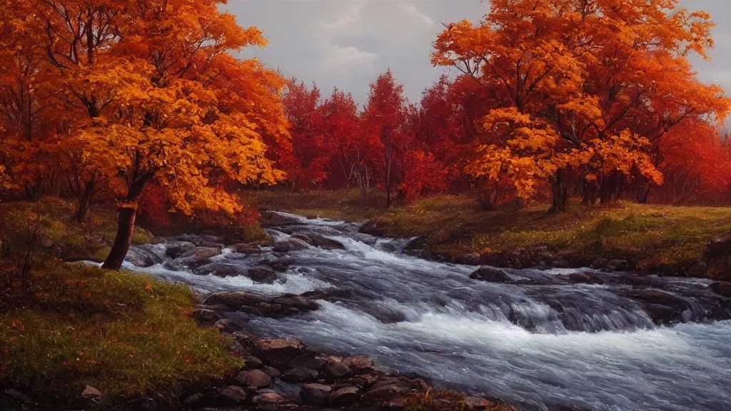 Image similar to A beautiful oil painting of a single tree, the tree is at the top of a hill, the tree is in the rule of thirds, the fall has arrived and the leafs started to become golden and red, the river is zigzagging and flowing its way, the river has lots of dark grey rocks, by Greg Rutkowski