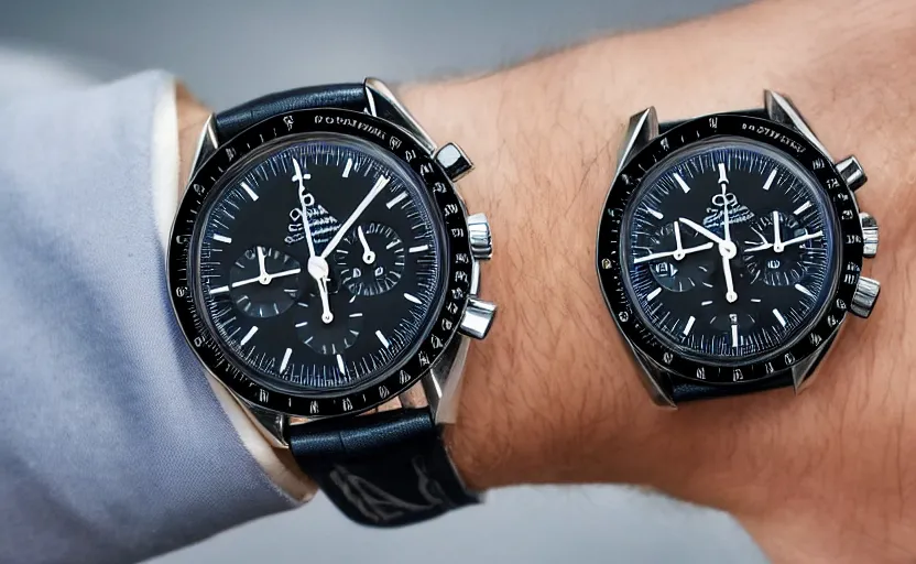 Image similar to omega speedmaster on the wrist of a lady with a wool suit in a cyberpunk city