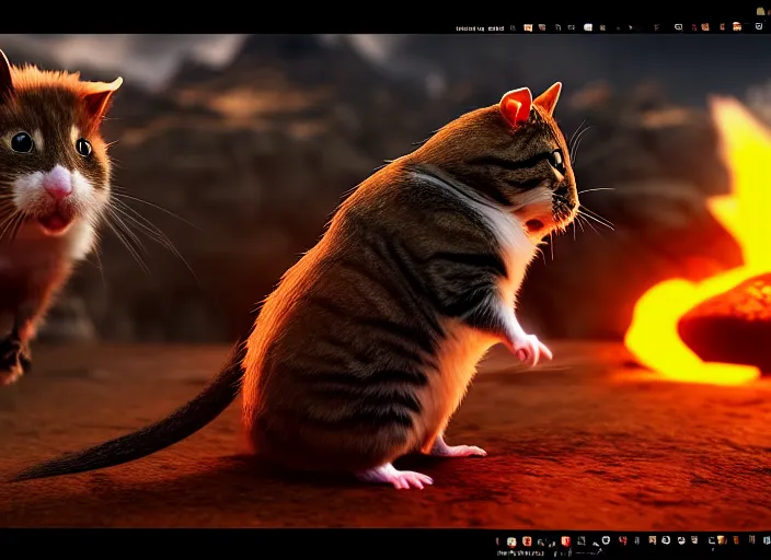 Image similar to hamster fights a cat in mortal kombat at a volcano with shao khan cheering in the background. fantasy magic style. highly detailed 8 k. intricate. lifelike. soft light. sony a 7 r iv 5 5 mm. unreal engine with nanite and path tracing