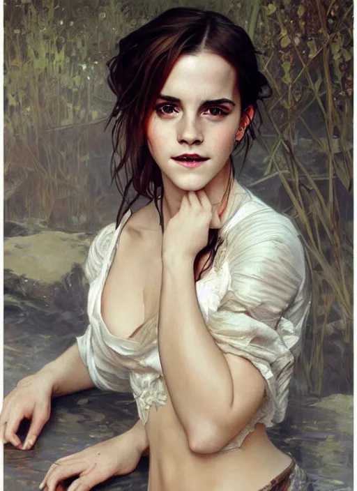 Image similar to oil painting of emma watson giving biting her lip seductive look. beautiful detailed face. by artgerm and greg rutkowski and alphonse mucha