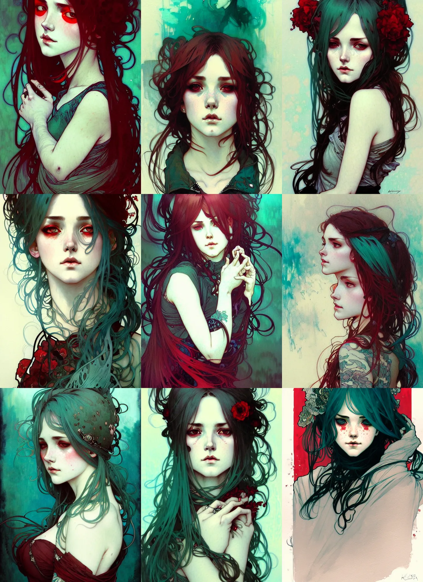 Prompt: highly detailed portrait of a moody moonpunk young adult lady by krenz cushart, by artem demura, by alphonse mucha, by kaethe butcher, gradient teal, black, silver and red color scheme, grunge aesthetic!!! (