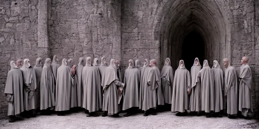 Prompt: humanoid alien robed benedictine monks sing in a stone gothic brutalist monastery kodak portra ektachrome