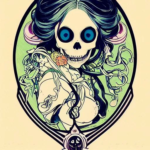 Image similar to anime manga skull portrait astronaut woman comic skeleton illustration James Jean style by Alphonse Mucha pop art nouveau