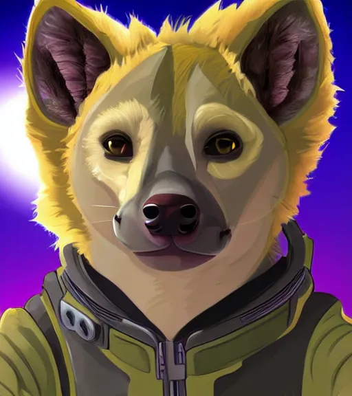 Image similar to digital artwork of furry female hyena, in style of zootopia, fursona, furry, furaffinity, deviantart, wearing astronaut outfit, floating in space, space background, cyberpunk, detailed face, style of artgerm,