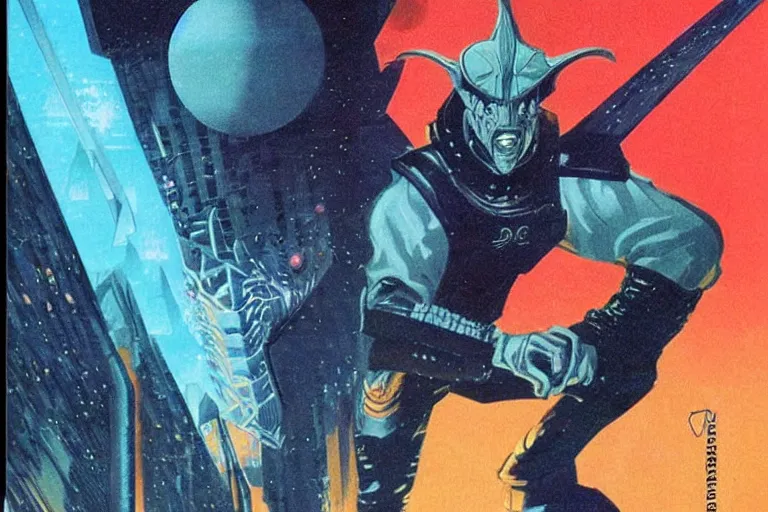 Image similar to 1979 OMNI Magazine Portrait of a dragonborn in neo-tokyo style by Vincent Di Fate. DND character art