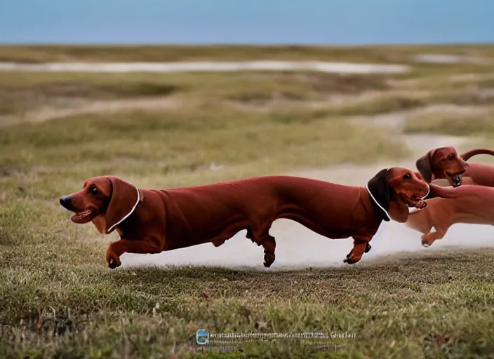 Image similar to Herd of dachshunds migrating in the Tundra, National Geographic photograph, very detailed, 8k