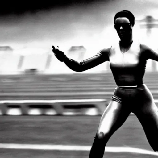 Image similar to Trinity the matrix, Female sprinter in athletic attire with cyborg legs, metal body, diesel punk, athletic footage, 1960's olympics, cinematic, art deco stadium