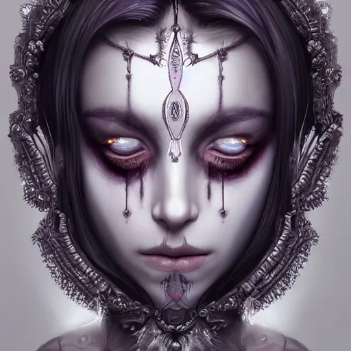 Image similar to symmetrical portrait of a beautiful dead princess female 4K symmetrical portrait, magical,fantasy , final fantasy, whole body, hyperrealism, cyberpunk, concept art, realistic, highly detailed, Featured on Artstation, cgsociety, Behance, Tom Bagshaw, Ross Tran, Japan Taiwan ,Soft lighting, attractive, highly detailed. intricate details. trending on artbreeder | zdzislaw beksinski. dariusz zawadzki. Michael Hutter. Peter Mohrbacher. Alfons Mucha. artstation