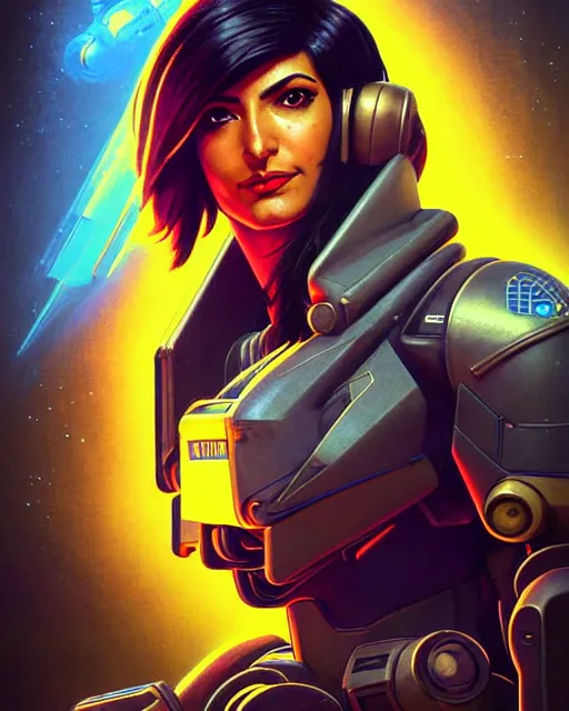 Image similar to pharah from overwatch, battletech, character portrait, portrait, close up, concept art, intricate details, highly detailed, vintage sci - fi poster, retro future, vintage sci - fi art, in the style of chris foss, rodger dean, moebius, michael whelan, and gustave dore