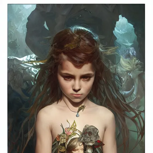Image similar to a weird supernatural and creepy and adorable kid, fantasy, intricate, elegant, highly detailed, digital painting, artstation, concept art, smooth, sharp focus, illustration, art by artgerm and greg rutkowski and alphonse mucha