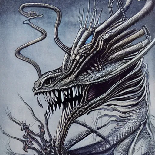 Image similar to an alien dragon by HR Giger