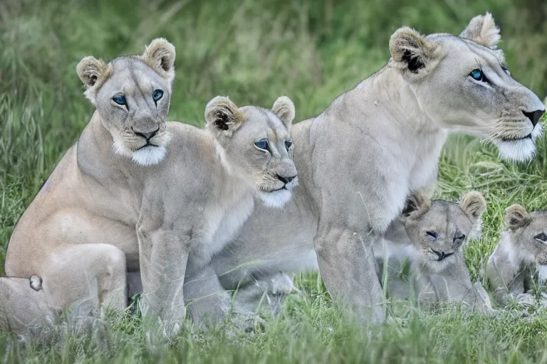 Image similar to beautiful aesthetic digital illustration of a pale blue lioness with a litter of pastel cubs