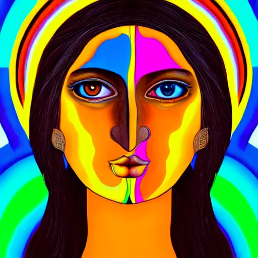 Prompt: tan latina woman, landscape, entering fourth dimension, third eye, prominent rosy cheek bones, black hair and brown eyes, psychedelic di vinci art style,