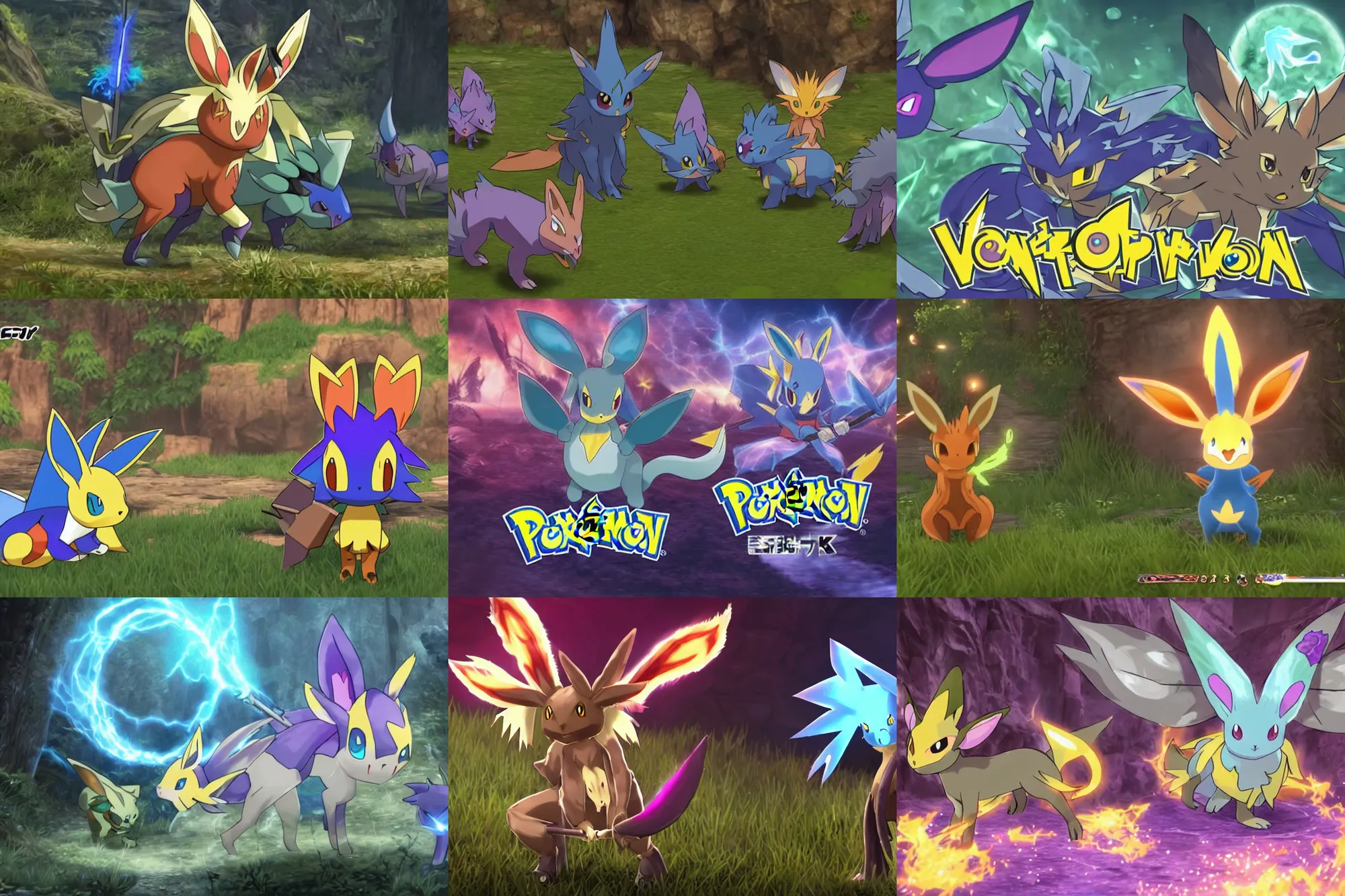 Prompt: video game elden pokemon : espeons reprisal star valley resident evil vaporeons mystery dungeon 4 k fps tpc resident eevee holding spear fighting espeon, the old god wearing a witch hat pokemon final gamecube