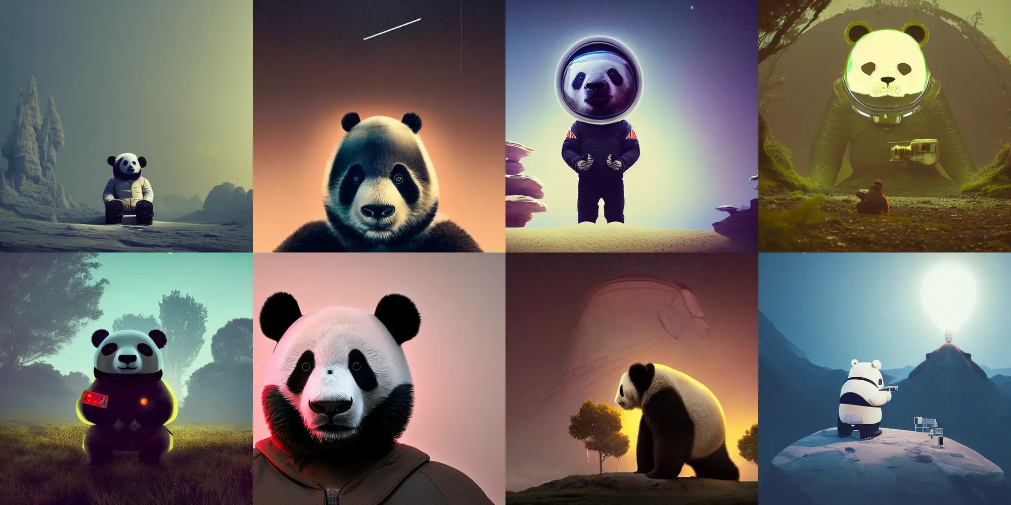 Prompt: beautiful dark landscape, panda bear wearing a space helmet standing looking at a giant cyborg panda bear head, in the style of beeple and Mike Winkelmann, photo real, ultra realistic, intricate, epic lighting, 8k resolution, unreal engine 5,