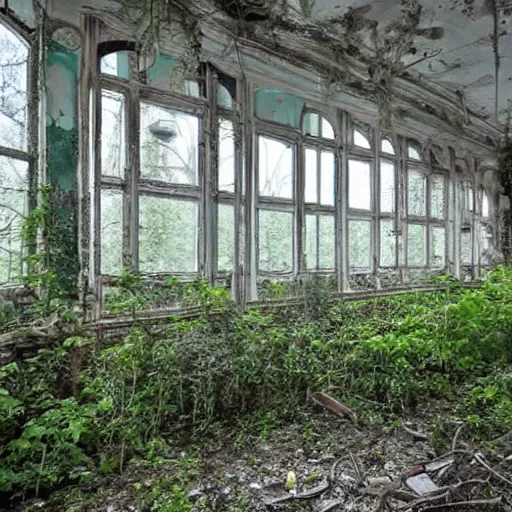 Prompt: an abandoned hospital overgrown and reclaimed by nature, Russian abandoned hospital