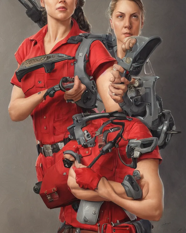 Image similar to epic portrait a slightly muscular woman wearing short sleeved uniform and carrying a red power tool drill, detailed, centered, digital painting, artstation, concept art, donato giancola, Joseph Christian Leyendecker, WLOP, Boris Vallejo, Breathtaking, 8k resolution, extremely detailed, beautiful, establishing shot, artistic, hyperrealistic, beautiful face, octane render