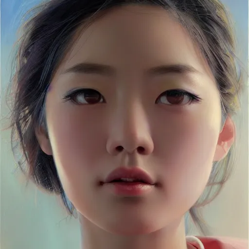 Prompt: perfect, realistic oil painting of close-up japanese girl face, in Marvel and DC style, by an American professional senior artist, Hollywood concept, dynamic composition and motion, postproduction.