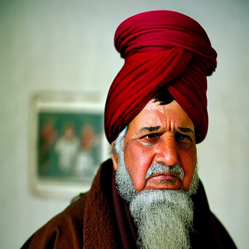 Image similar to portrait of president millard fillmore as afghan man, green eyes and red turban looking intently, photograph by steve mccurry