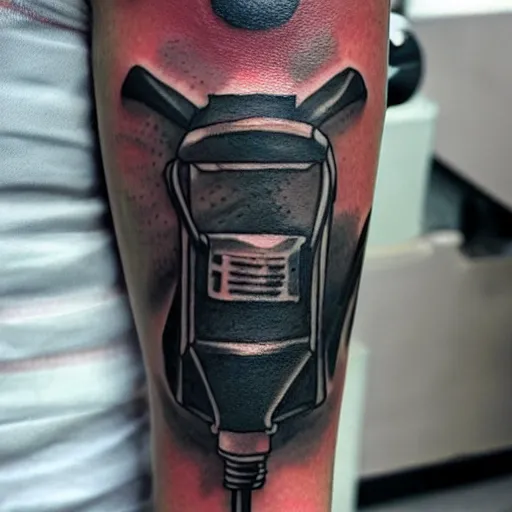 Prompt: a tattoo of a industrial robot blending metal