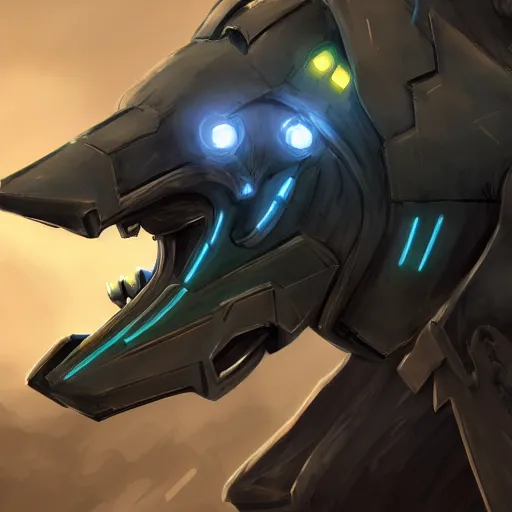 Image similar to cinematic shot, vorestation borg hound, medical mecha hound, taller than man, sharp armor, mecha maw, mawshot, visor eyes, detailed, furry art, digital art, warframe hound, furaffinity, deviantart, sofurry