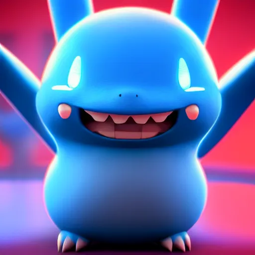 Image similar to nymph render of a very cute 3d Munchlax pokemon, adorable eyes, cute smile, full round face, neon lights in background wall, serene studio setting, medium shot, mid-shot, highly detailed, trending on Artstation, Unreal Engine 4k