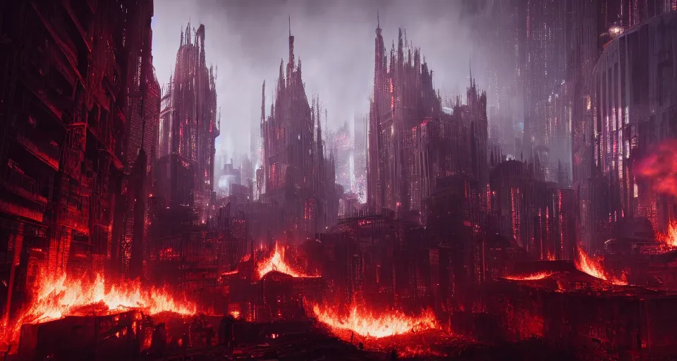 Image similar to a cyberpunk medieval gothic dark-ages city, rich contrast, fivr lava-twisters, feeling of grimdark and gothic horror, explosions and fire, hyperrealistic, octane render, unreal engine, Cryengine 8k UHD