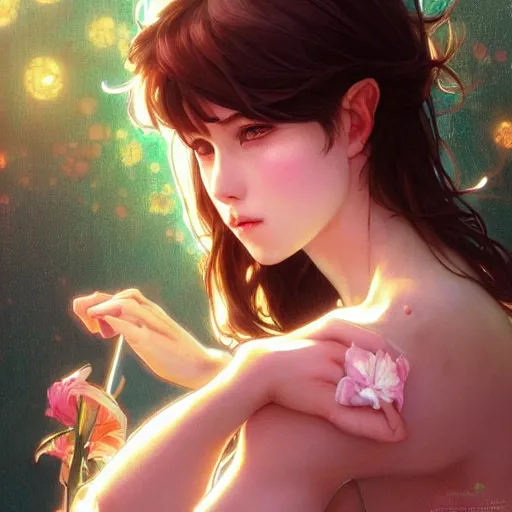 Image similar to brunette uwu girl cute, vaporwave, highly detailed, digital painting, artstation, concept art, smooth, sharp focus, illustration, art by artgerm and greg rutkowski and alphonse mucha