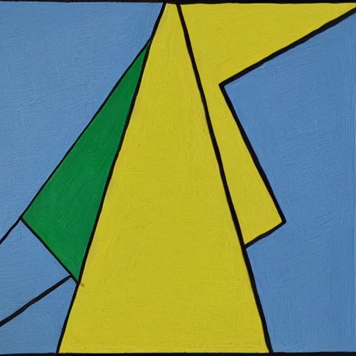 Prompt: painting of rectangle, triangle shapes ( blue, yellow, green ) divided by black lines