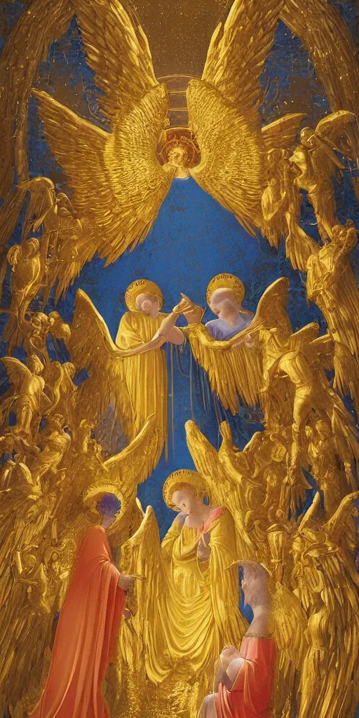 Prompt: golden encrusted angels by artist, fra angelico, dan mumford, eric wert