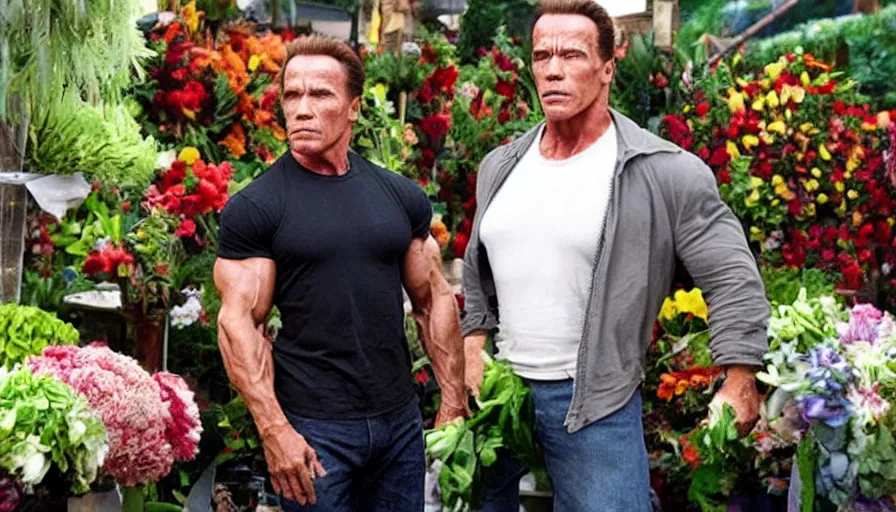 Image similar to big budget action movie where arnold schwarzenegger is a florist.