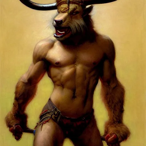 Image similar to a portrait of a furry minotaur wearing a tshirt and pants, furry body, furry chest, furry arms, furry legs, tail. highly detailed painting by gaston bussiere, craig mullins, j. c. leyendecker, furry