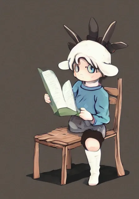 Image similar to beautiful little boy wearing sheep suit reading a book while sitting on chair, gray, blue, green and brown pallet color. made in abyss art style, inspired in kris from deltarrune, cute detailed artwork, anatomically correct, soft details, ilya kuvshinov, reflection, perfect composition, mobile wallpaper, low illumination