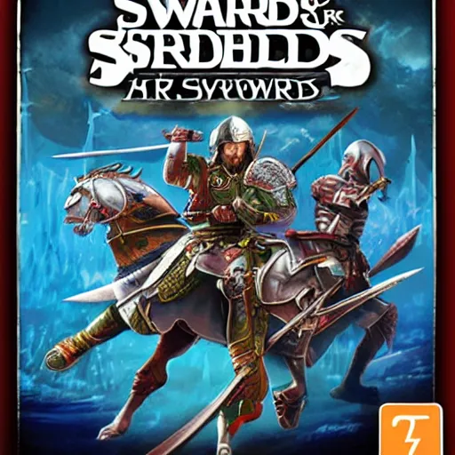 Image similar to video game box art of a game called swords and shields, highly detailed cover art.