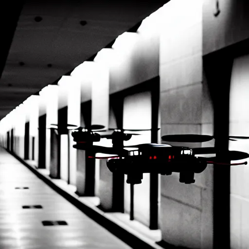 Image similar to Black military quadcopters, in the wide hallways in a futuristic prison underground, brutalist liminal architecture, sigma 85mm f/1.4, 4k, depth of field, high resolution, 4k, 8k, hd, full color