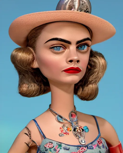 Image similar to closeup face profile portrait of a tin toy retro 1 9 5 0 s cara delevingne, bikini, depth of field, zeiss lens, fashion photoshoot by nicoletta ceccoli, mark ryden, lostfish, breathtaking, detailed and intricate environment, 8 k resolution, extremely detailed, beautiful, establishing shot, artistic, hyperrealistic, octane render