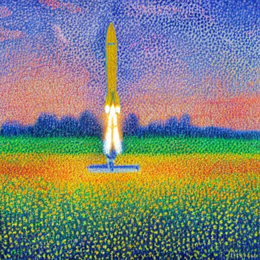 Image similar to rocket landing in a field of flowers at sunset, pointillism and impressionism painting