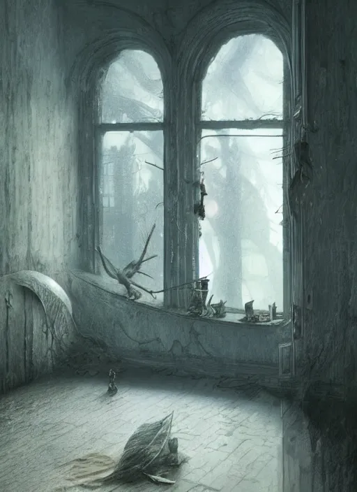 Image similar to a dreary bedroom where the window reveals fantastical scenes of dreams, dreams invading mundane spaces, fantasy infiltrating reality, bubbles of the impossible, swirls of magic, 8k, ultradetailed, illustrated by Greg Rutkowski and Caspar David Friedrich.