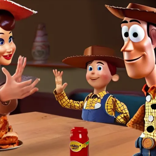 Prompt: Woody from Toy Story on Hot Ones, eating chicken wings