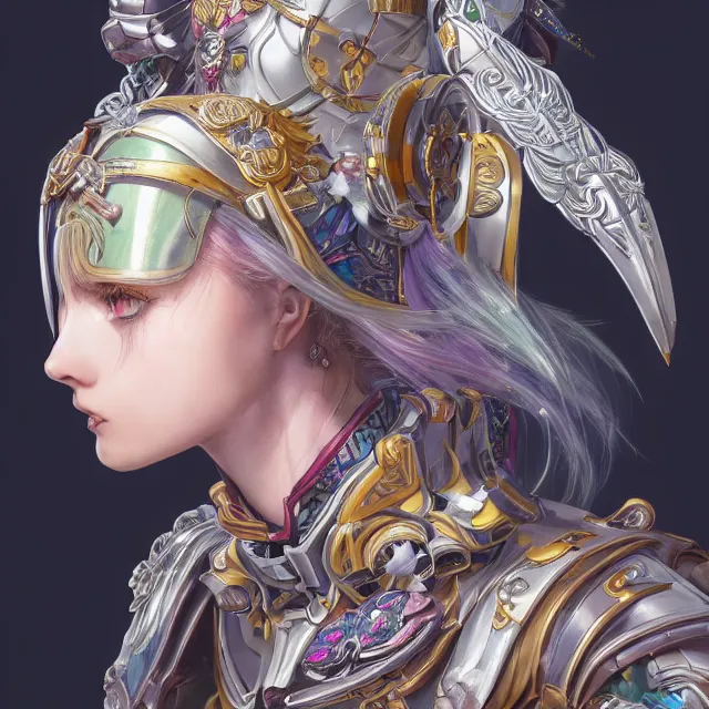 Image similar to studio portrait of lawful good colorful female holy mech paladin as absurdly beautiful, elegant, young sensual anime girl, ultrafine hyperrealistic detailed face illustration by kim jung gi, irakli nadar, intricate linework, sharp focus, bright colors, matte, octopath traveler, final fantasy, unreal engine highly rendered, global illumination, radiant light, intricate environment