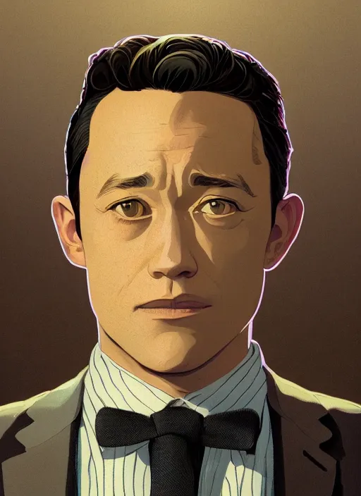 Prompt: artwork by Michael Whelan, Bob Larkin and Tomer Hanuka, of portrait of Joseph Gordon-Levitt wearing a red striped suit, dapper, from scene from Twin Peaks, simple illustration, domestic, nostalgic, from scene from Twin Peaks, clean, full of details, by Makoto Shinkai and thomas kinkade, Matte painting, trending on artstation and unreal engine